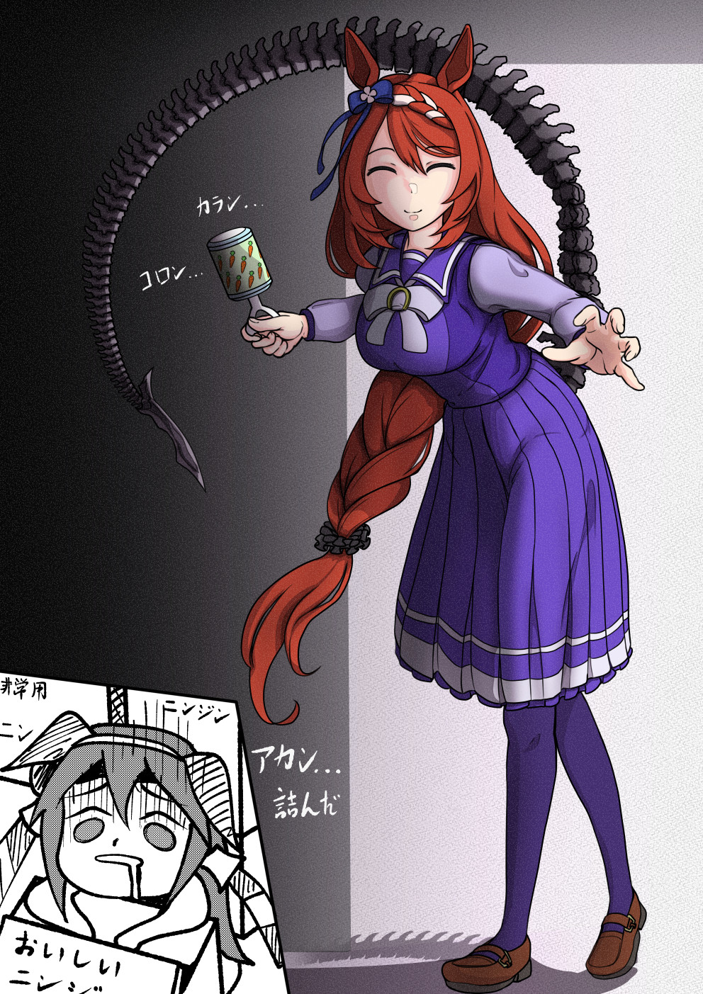 2girls, alien_isolation, blue_bow, bow, bowtie, braid, brown_footwear, carrot_print