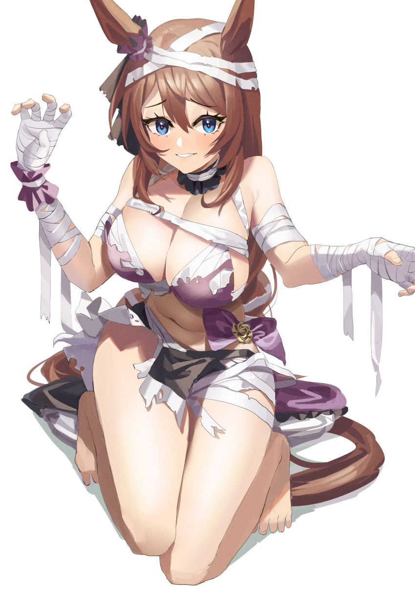 1girl, absurdres, animal_ears, bandaged_arm, bandaged_hand, bandaged_leg, bandages, bangs