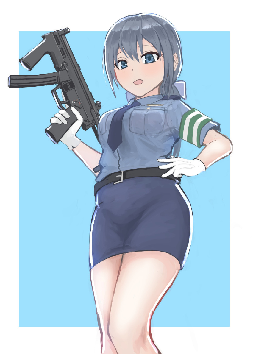 1girl, :o, absurdres, bangs, belt, belt_buckle, blue_background, blue_eyes