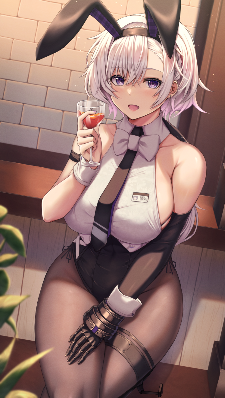 1girl, :d, animal_ears, azur_lane, bangs, bare_shoulders, black_gloves, black_leotard