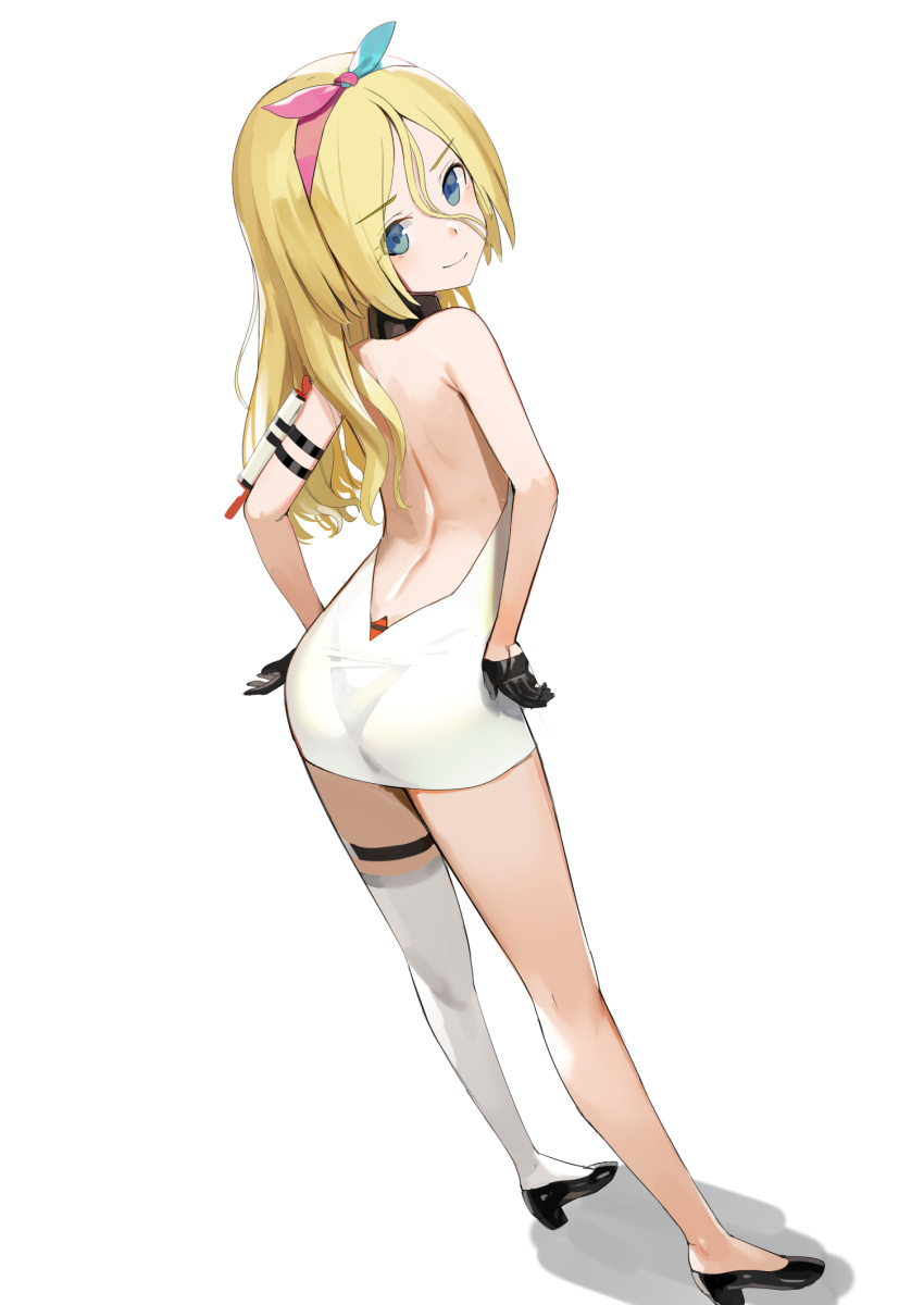 alice_gear_aegis, bare_back, black_gloves, black_panties, blonde_hair, blue_eyes, blue_hairband, dress