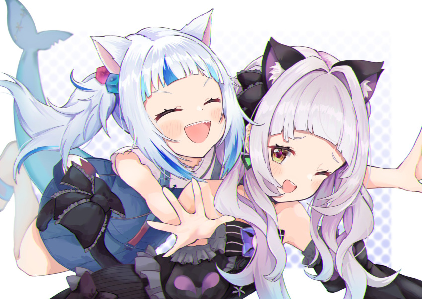 2girls, :d, animal_costume, animal_ears, bankamba, black_dress, black_ribbon, black_sleeves
