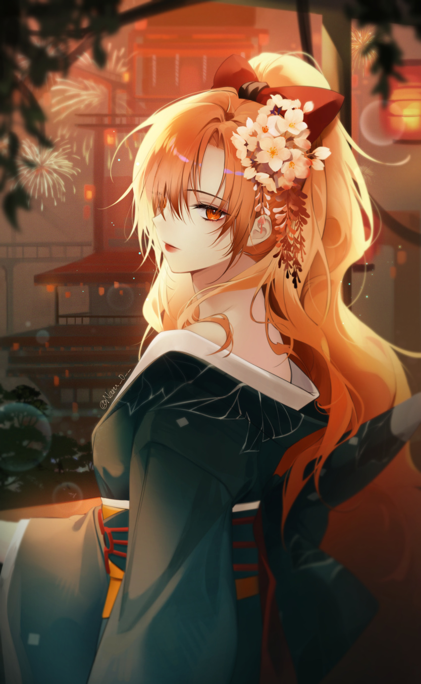 1girl, absurdres, architecture, bare_shoulders, bow, bubble, commission, commissioner_upload, destiny_(riftdevils), east_asian_architecture, fireworks, flower, hair_flower, hair_ornament, hair_over_one_eye, high_ponytail, highres, japanese_clothes, kimono, long_hair, naru_0, original, red_eyes, redhead, scenery, solo, very_long_hair