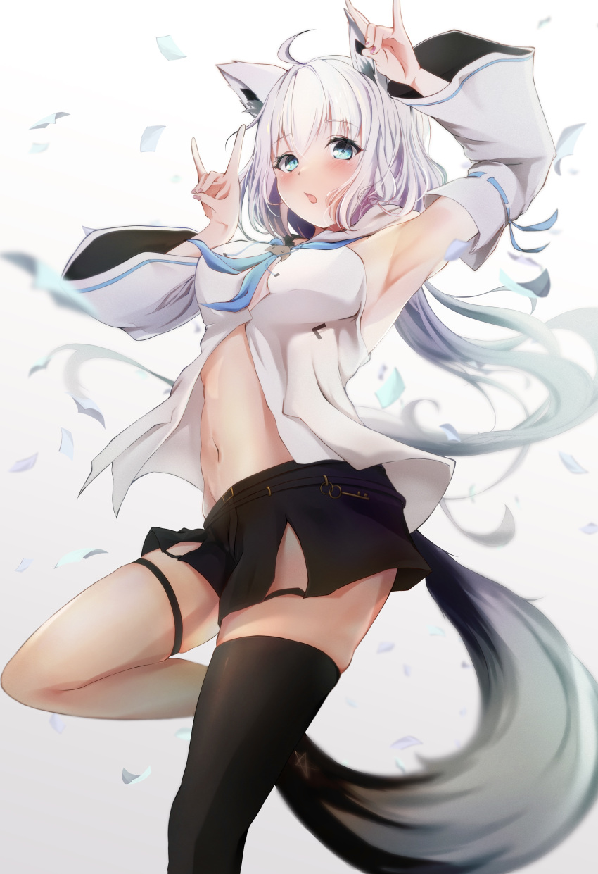 1girl, absurdres, ahoge, animal_ear_fluff, animal_ears, armpits, bangs, black_legwear, blue_eyes, commentary_request, detached_sleeves, fox_ears, fox_girl, fox_shadow_puppet, highres, hololive, kurony_(sirony), midriff, navel, open_mouth, shirakami_fubuki, single_thighhigh, solo, standing, standing_on_one_leg, thigh-highs, virtual_youtuber