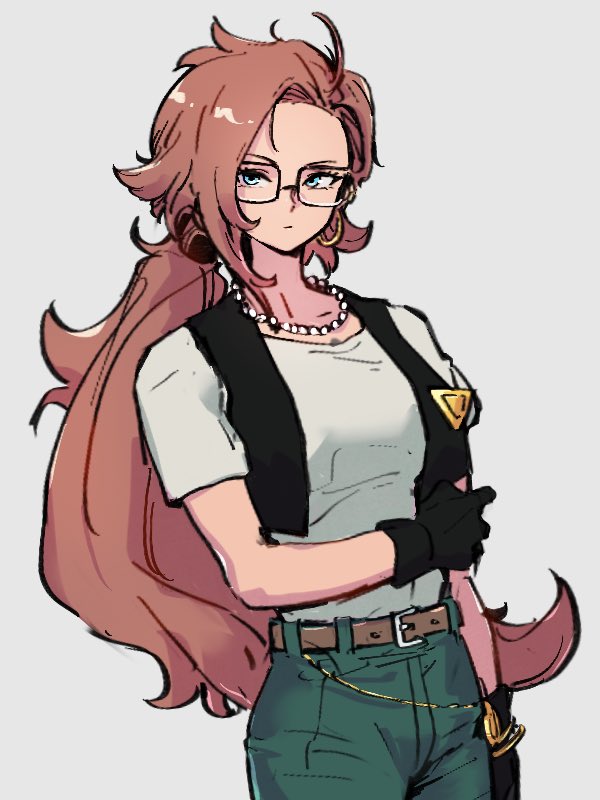 1girl, alternate_hairstyle, android_18, android_18_(cosplay), android_21, belt, black_gloves, blue_eyes