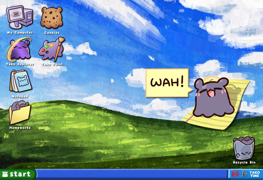 :<, :3, ao-chan_(ninomae_ina'nis), bliss_(image), blush_stickers, chroneco, clippy, clouds