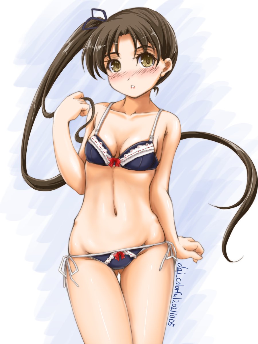 1girl, akimoto_dai, ayanami_(kancolle), black_bra, black_panties, bra, brown_hair, commentary_request