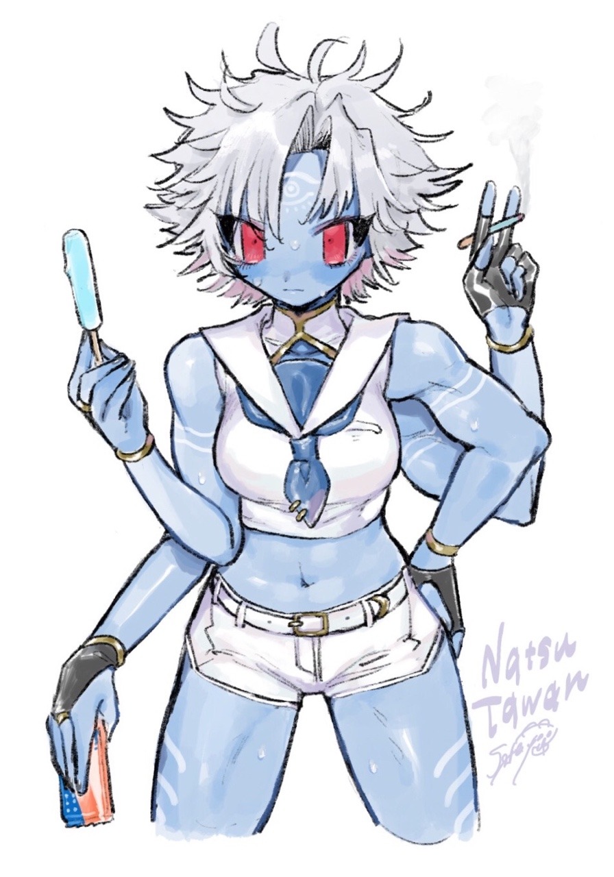 1girl, belt, black_gloves, blue_neckwear, blue_skin, cigarette, colored_skin, cowboy_shot, crop_top, cropped_legs, extra_arms, fingerless_gloves, food, gloves, grey_hair, hand_on_hip, highres, holding, holding_cigarette, holding_food, looking_at_viewer, navel, neckerchief, original, popsicle, red_eyes, shirt, short_hair, shorts, sleeveless, sleeveless_shirt, smoke, solo, soreeyu_(sore-yu), white_background, white_belt, white_shirt, white_shorts