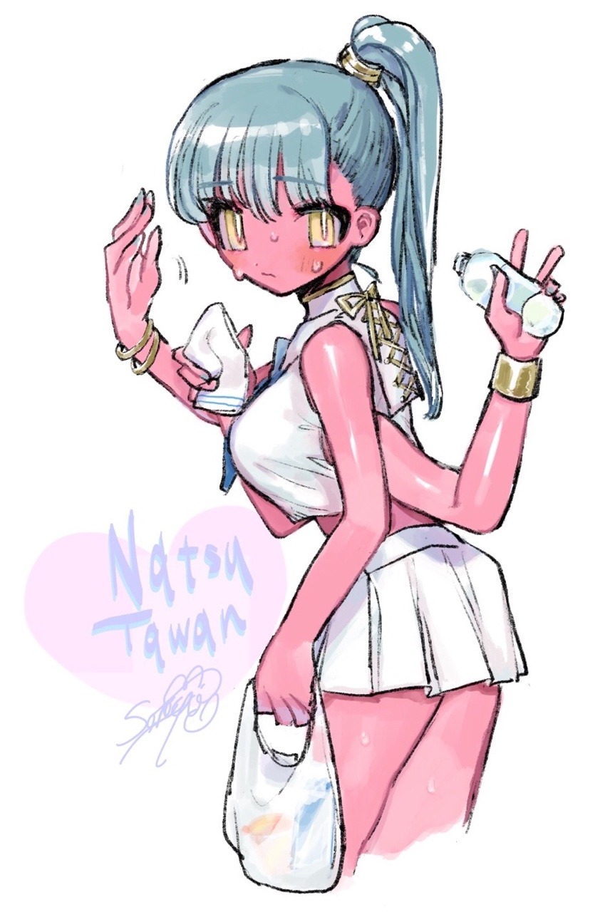 1girl, bag, bangs, blush, bracelet, colored_skin, crop_top, extra_arms, eyebrows_visible_through_hair, grey_hair, hands_up, highres, holding, holding_bag, jewelry, long_hair, looking_at_viewer, original, pink_skin, pleated_skirt, ponytail, shadow, shirt, skirt, solo, soreeyu_(sore-yu), sweatdrop, white_background, white_shirt, white_skirt, yellow_eyes