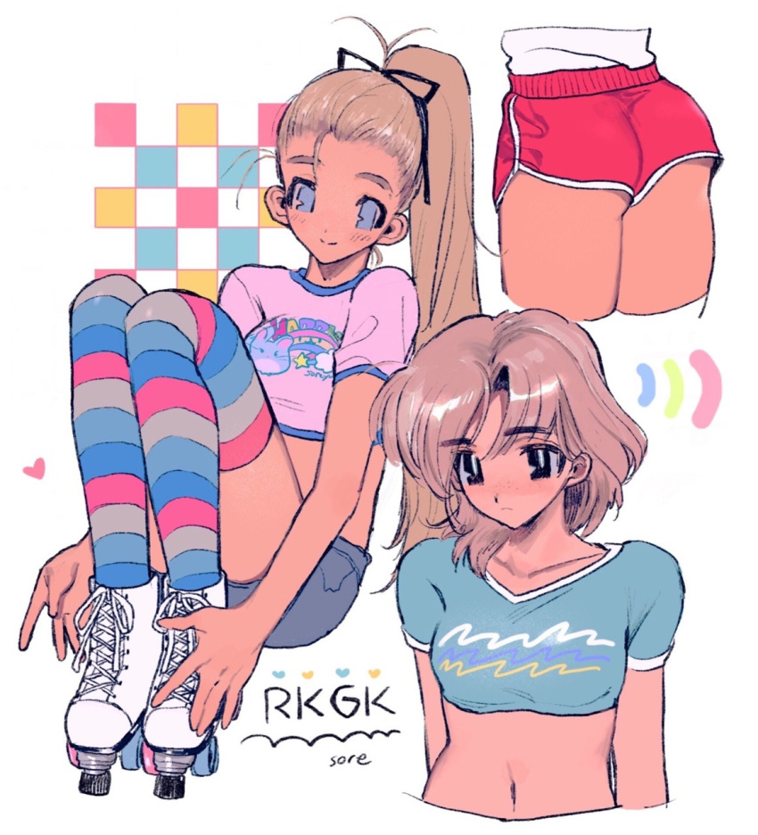 3girls, aqua_shirt, ass, bangs, black_eyes, black_shorts, brown_hair, crop_top