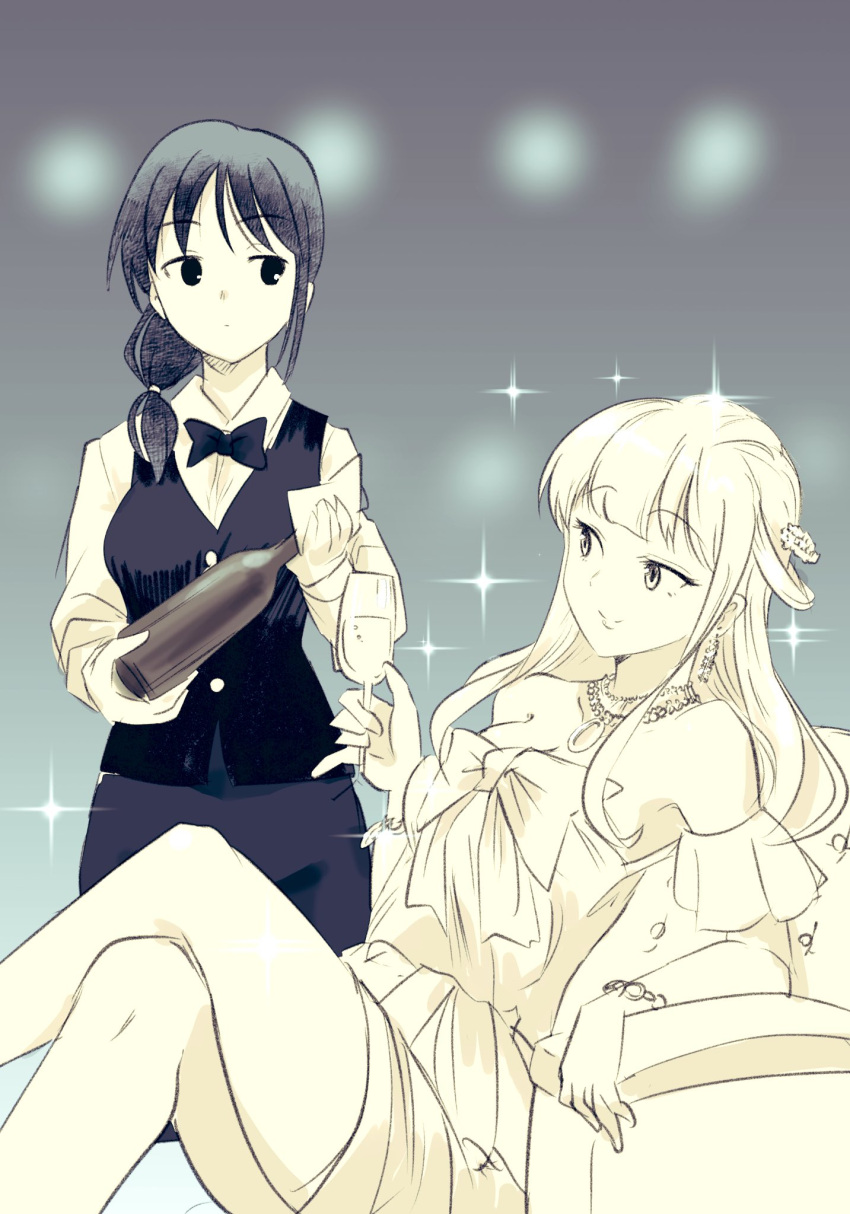 alcohol, alternate_costume, alternate_hairstyle, black_hair, blonde_hair, bottle, bow, bowtie
