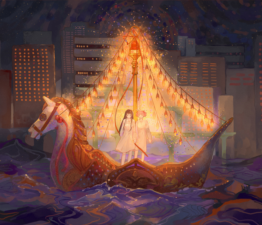 2girls, :d, absurdres, akemi_homura, bell, black_hair, boat, cityscape