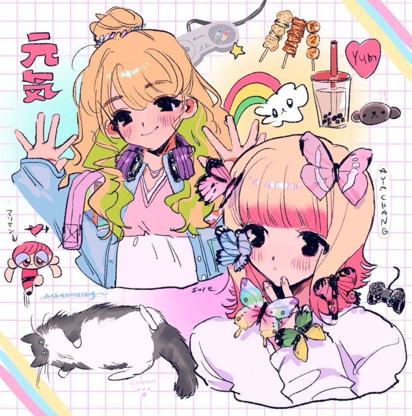 2girls, bangs, black_eyes, blonde_hair, blue_butterfly, blunt_bangs, blush, bubble_tea