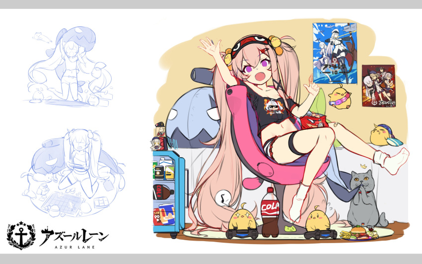 1girl, :d, absurdres, admiral_graf_spee_(azur_lane), animal, arm_up, azur_lane, bed