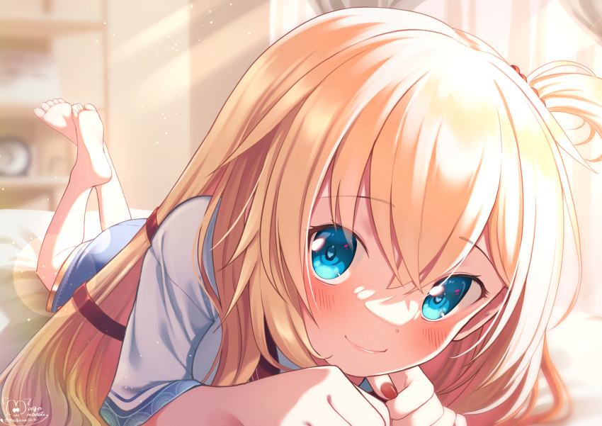 akai_haato, barefoot, highres, hololive, indoors, light_particles, lying, magowasabi