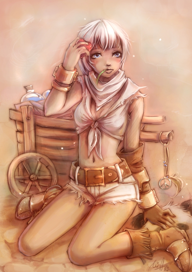 1girl, bandana, belt, blacksmith_(ragnarok_online), blue_eyes, blush, boots, breasts