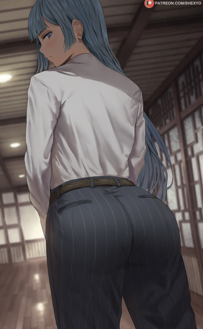 1girl, ass, bangs, belt, blue_eyes, blue_hair, blunt_bangs, commentary