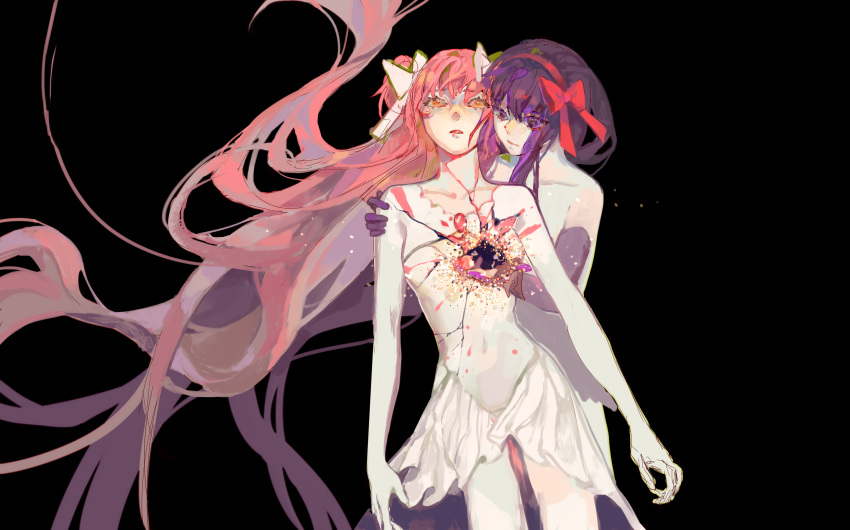 2girls, akemi_homura, akuma_homura, black_background, black_hair, broken, broken_heart, dress