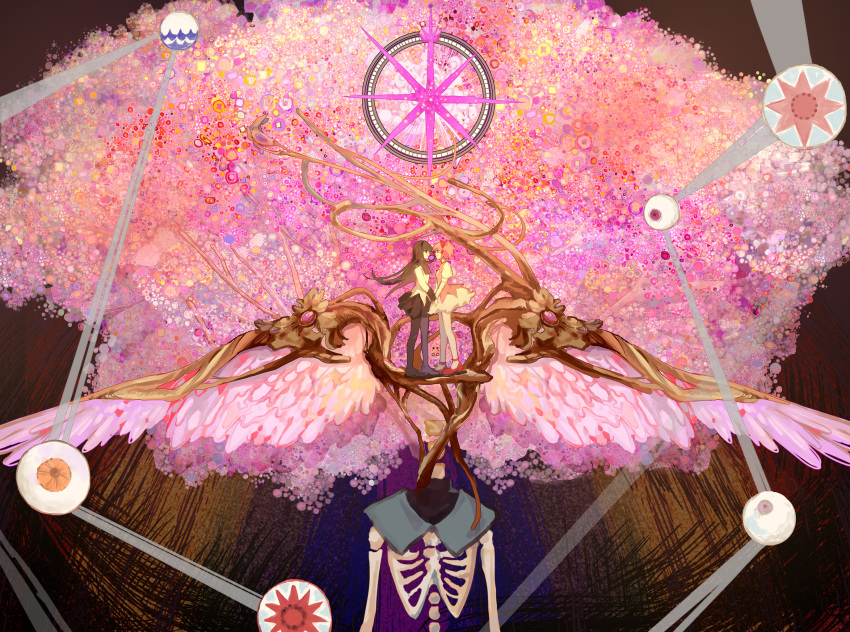 2girls, akemi_homura, angel_wings, black_hair, cherry_blossoms, highres, holding_hands, homulilly
