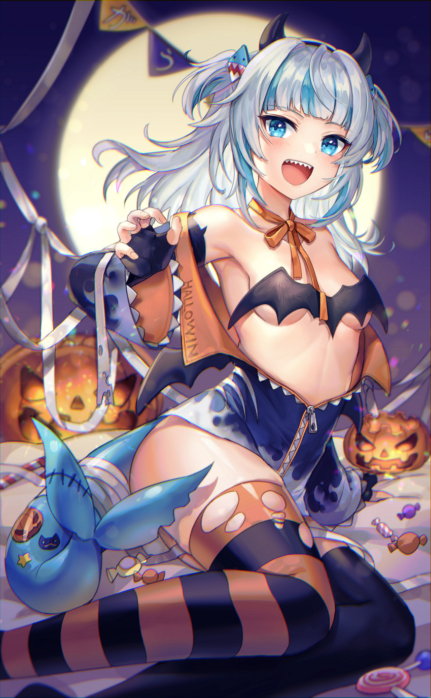 1girl, :d, absurdres, alternate_costume, armpits, bare_shoulders, blue_eyes, blue_hair