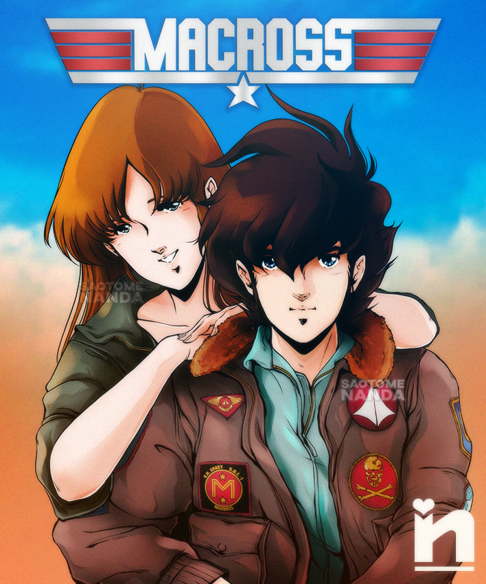 1boy, 1girl, artist_name, bangs, blue_eyes, blue_sweater, brown_hair, brown_jacket, choujikuu_yousai_macross, crossover, hair_behind_ear, hands_on_another's_shoulder, hayase_misa, ichijou_hikaru, jacket, logo_parody, looking_at_viewer, macross, parody, parted_lips, saotome_nanda, sky, smile, sweater, top_gun, watermark