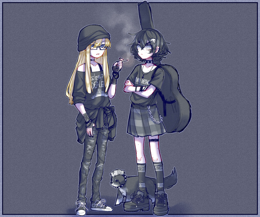 2girls, absurdres, alternate_costume, alternate_hairstyle, animal, bare_shoulders, bernese_mountain_dog, black_hair, black_nails, blind, blind_girl's_dog_(popopoka), blind_girl_(popopoka), blonde_hair, border, bully_girl_(popopoka), chain, choker, cigarette, clothes_around_waist, clothes_writing, collar, commentary, crossed_arms, denim, dog, english_commentary, eyebrows_visible_through_hair, fingerless_gloves, fishnet_gloves, fishnets, freckles, frown, glasses, gloves, guitar_case, hair_ornament, hairclip, hat, highres, holding, holding_cigarette, instrument_case, jacket, jacket_around_waist, jeans, long_hair, looking_at_viewer, mohawk, multiple_girls, original, pants, popopoka, punk, shirt, shoes, short_hair, simple_background, skirt, skull_hair_ornament, smoke, socks, studded_collar, thumb_in_pocket, torn_clothes, torn_jeans, torn_pants