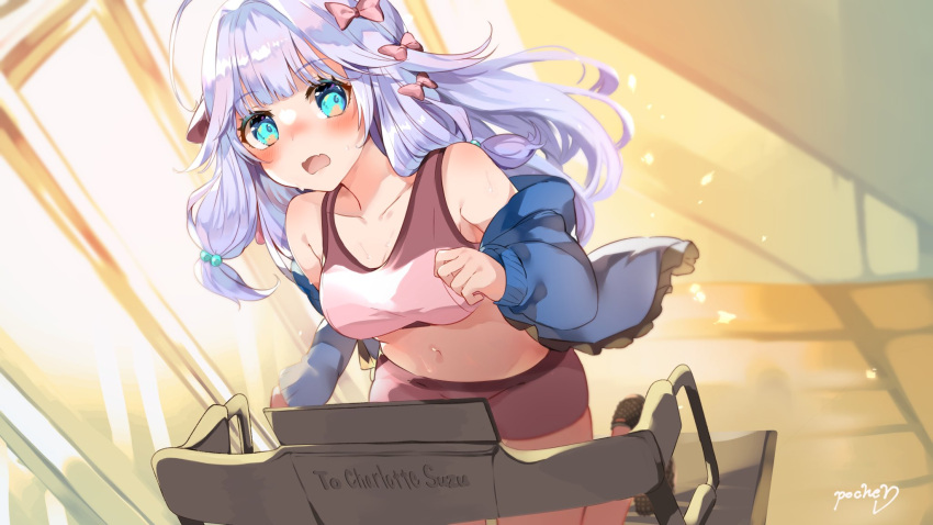 1girl, bike_shorts, blue_eyes, blue_hoodie, bow, breasts, charlotte_suzu, collarbone