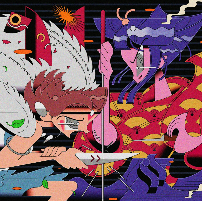 2girls, armlet, black_hair, brown_hair, colored_skin, eboshi, grey_eyes, highres, holding, holding_knife, japanese_clothes, kimono, knife, leaf, long_hair, mononoke_hime, multiple_girls, open_mouth, pink_skin, print_kimono, profile, rickgraphic, san_(mononoke_hime), short_hair
