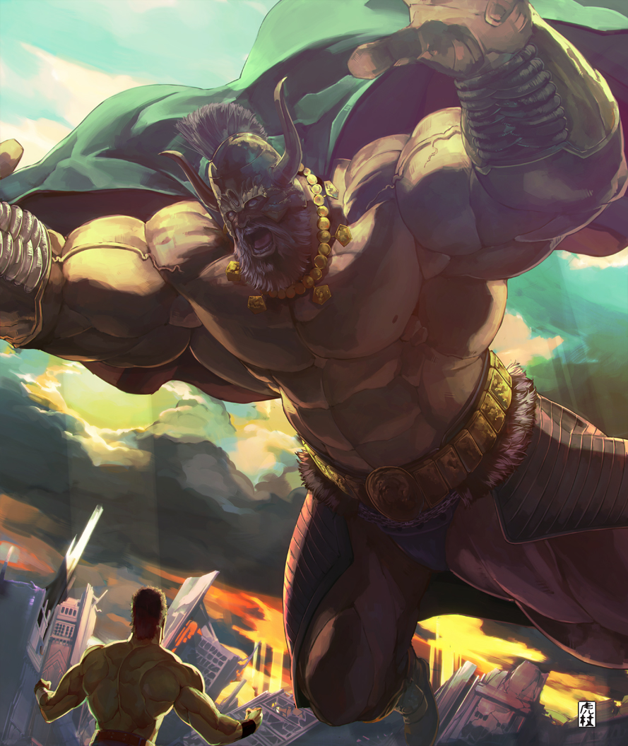 2boys, apocalypse, armor, arms_up, beard, belt_buckle, blue_sky, boots