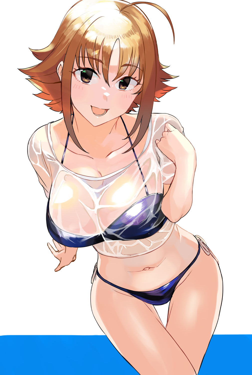 1girl, :d, ahoge, arm_support, ashita_(2010), bikini, bikini_under_clothes, blue_bikini, blush, breasts, brown_hair, collarbone, cowboy_shot, crossed_legs, dutch_angle, eyebrows_visible_through_hair, groin, halterneck, highres, idolmaster, idolmaster_cinderella_girls, large_breasts, looking_at_viewer, midriff, navel, nishijima_kai, open_mouth, see-through_shirt, shiny, shiny_hair, shirt, side-tie_bikini, simple_background, skindentation, smile, solo, swimsuit, thigh_gap, two-tone_background, wet, wet_clothes, wet_shirt