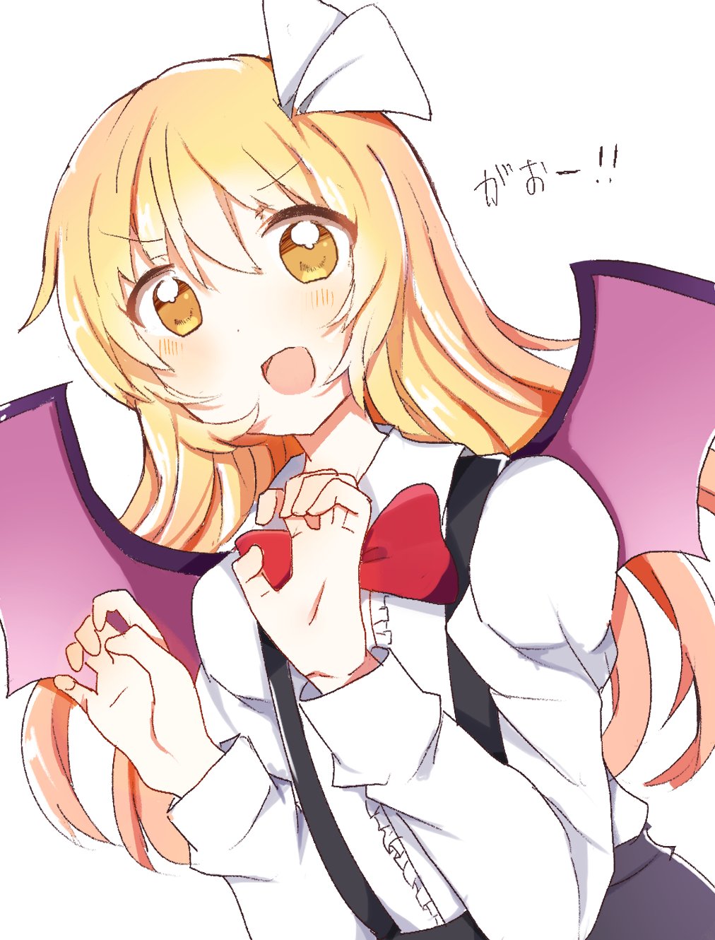 1girl, black_skirt, blonde_hair, blush, bow, demon_wings, eyebrows_visible_through_hair, hair_bow