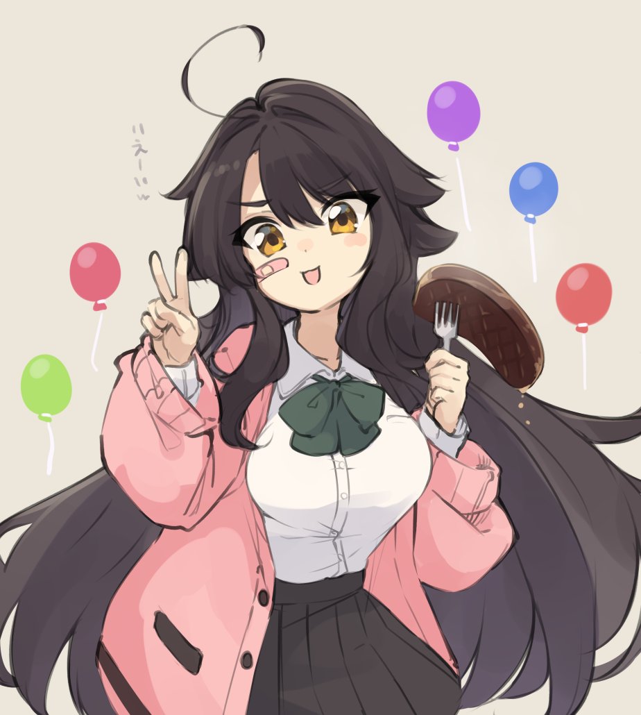 1girl, :d, ahoge, artist_self-insert, balloon, bandaid, bandaid_on_cheek, bangs