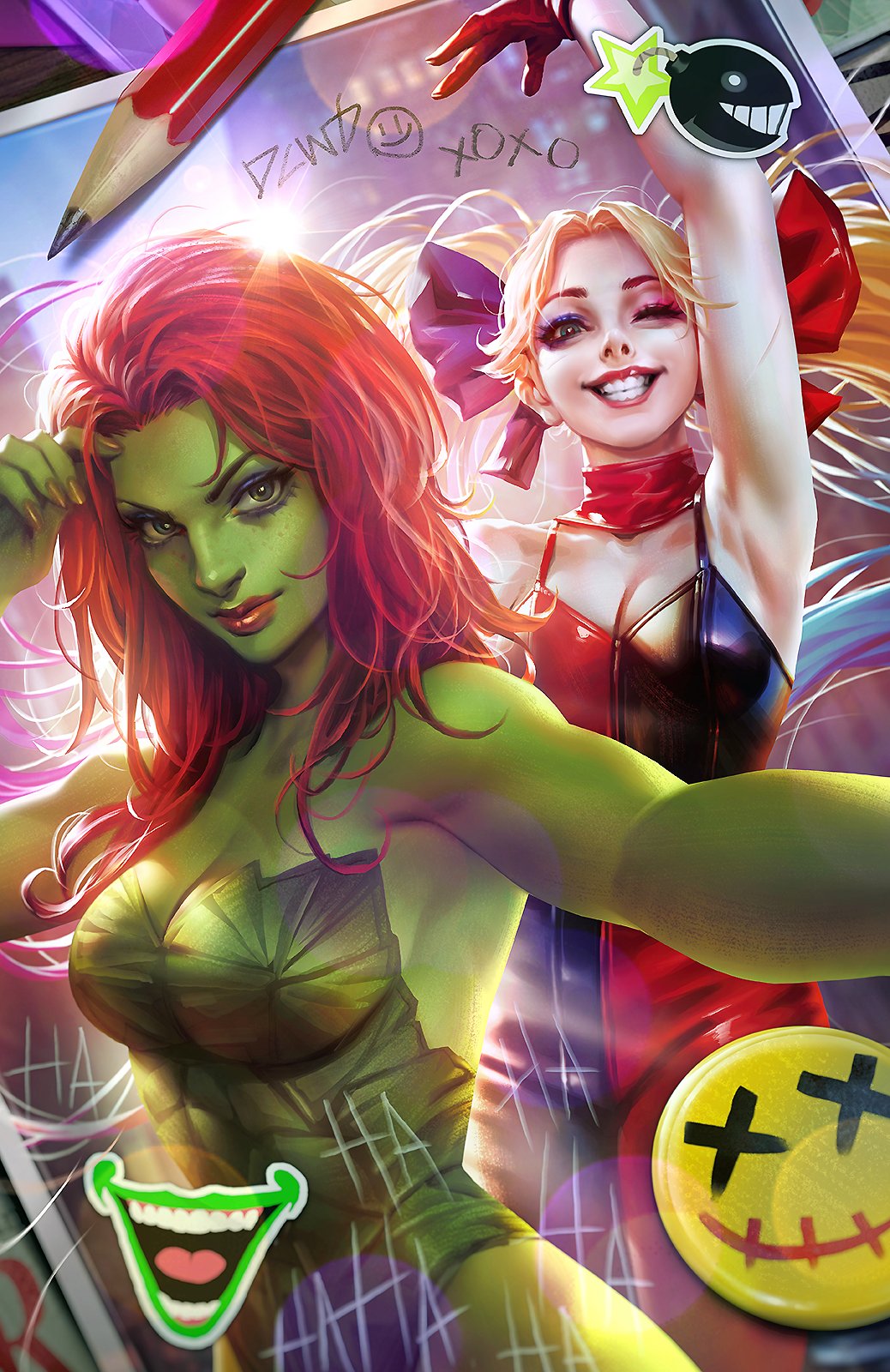 2girls, :d, arm_up, bangs, blonde_hair, bodysuit, bomb, breasts