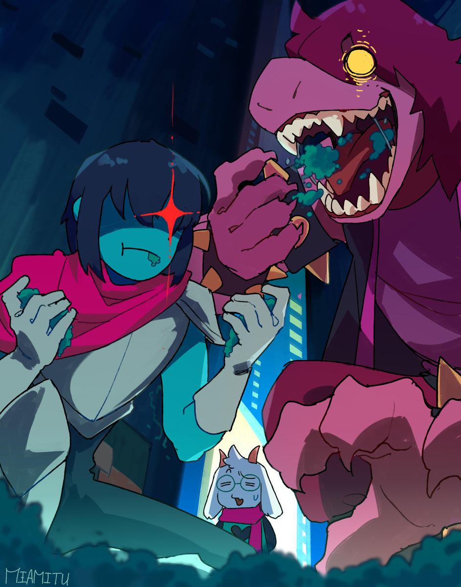 1boy, 1girl, 1other, animal_ears, armband, armor, blue_hair, body_fur, cape, city, claws, deltarune, eating, furry, furry_female, furry_male, gloves, glowing, glowing_eye, goat_boy, goat_ears, goat_horns, highres, holding, horns, kris_(dark_world)_(deltarune), kris_(deltarune), long_hair, miamitu, moss, open_mouth, pants, pink_cape, pink_scarf, purple_hair, purple_pants, purple_shirt, raised_eyebrow, ralsei, red_eyes, scarf, shaded_face, sharp_teeth, shirt, short_hair, susie_(dark_world)_(deltarune), susie_(deltarune), teeth, white_gloves, wristband, yellow_eyes