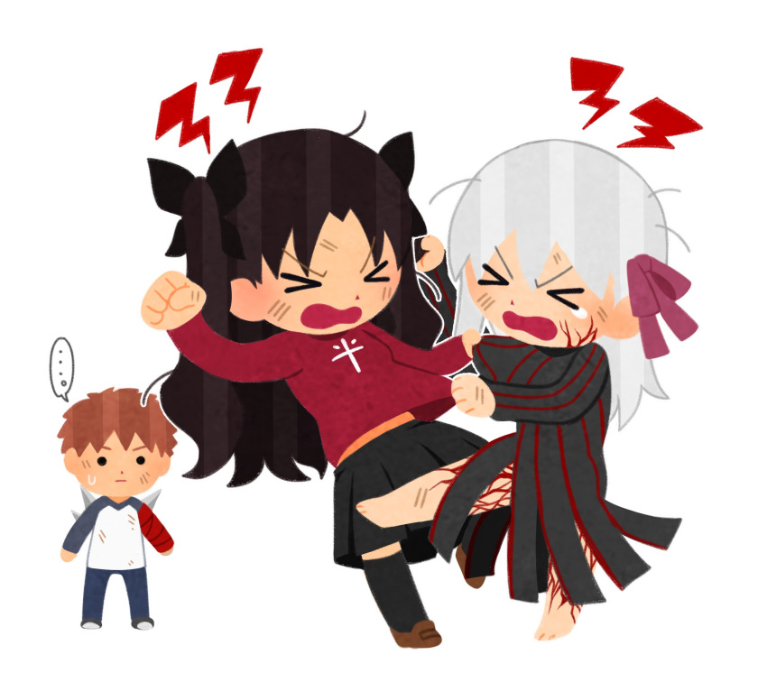 ..., 1boy, 2girls, bandaged_arm, bandages, chibi, closed_eyes, dark_sakura