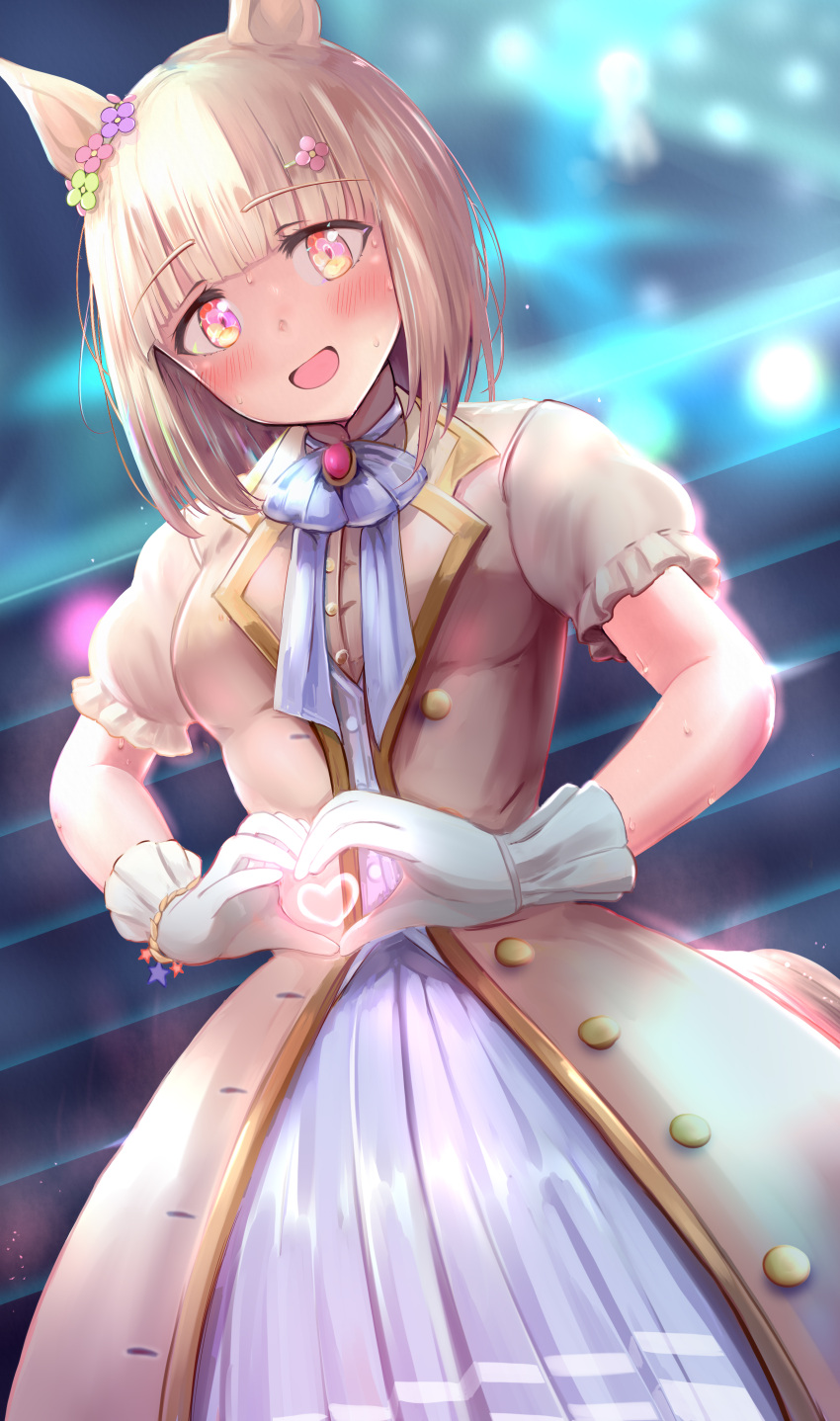 1girl, absurdres, blush, breasts, dress, gloves, happy_meek_(umamusume), heart, heart_hands, highres, horse_girl, kokoa_ninniku, medium_breasts, puffy_short_sleeves, puffy_sleeves, short_sleeves, smile, solo, umamusume