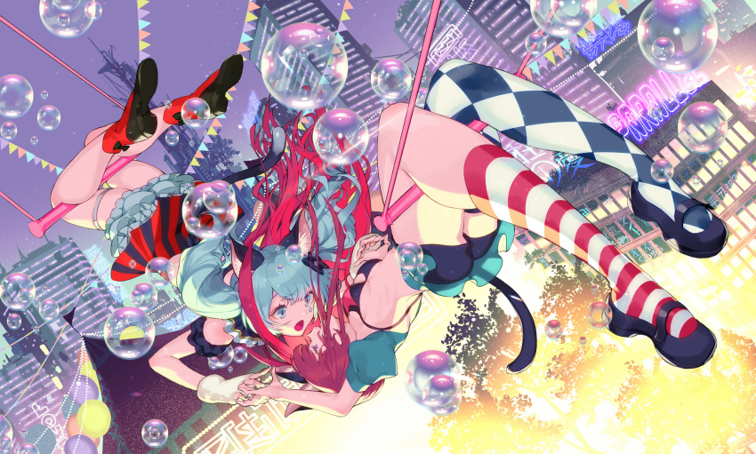 2girls, animal_ear_fluff, animal_ears, ass, asymmetrical_legwear, bangs, bikini, black_bikini