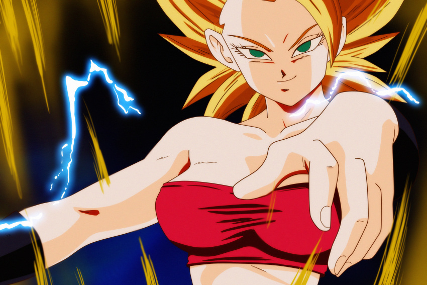 1990s_(style), 1girl, aura, blonde_hair, breasts, caulifla, closed_mouth, dragon_ball