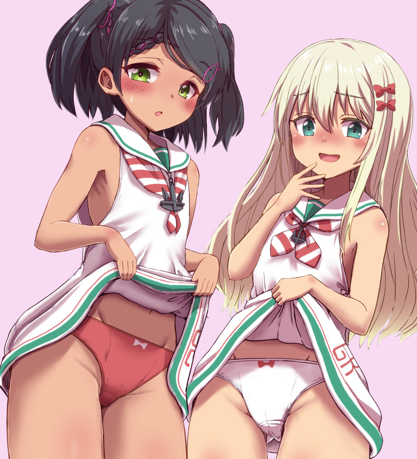 2girls, absurdres, aqua_eyes, bangs, black_hair, blonde_hair, blush, clothes_lift