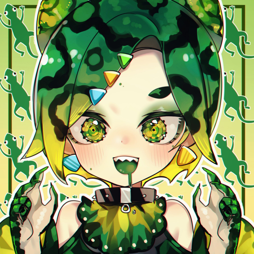 1girl, :d, bare_shoulders, blonde_hair, blush_stickers, chameleon, chameleon_girl, collar