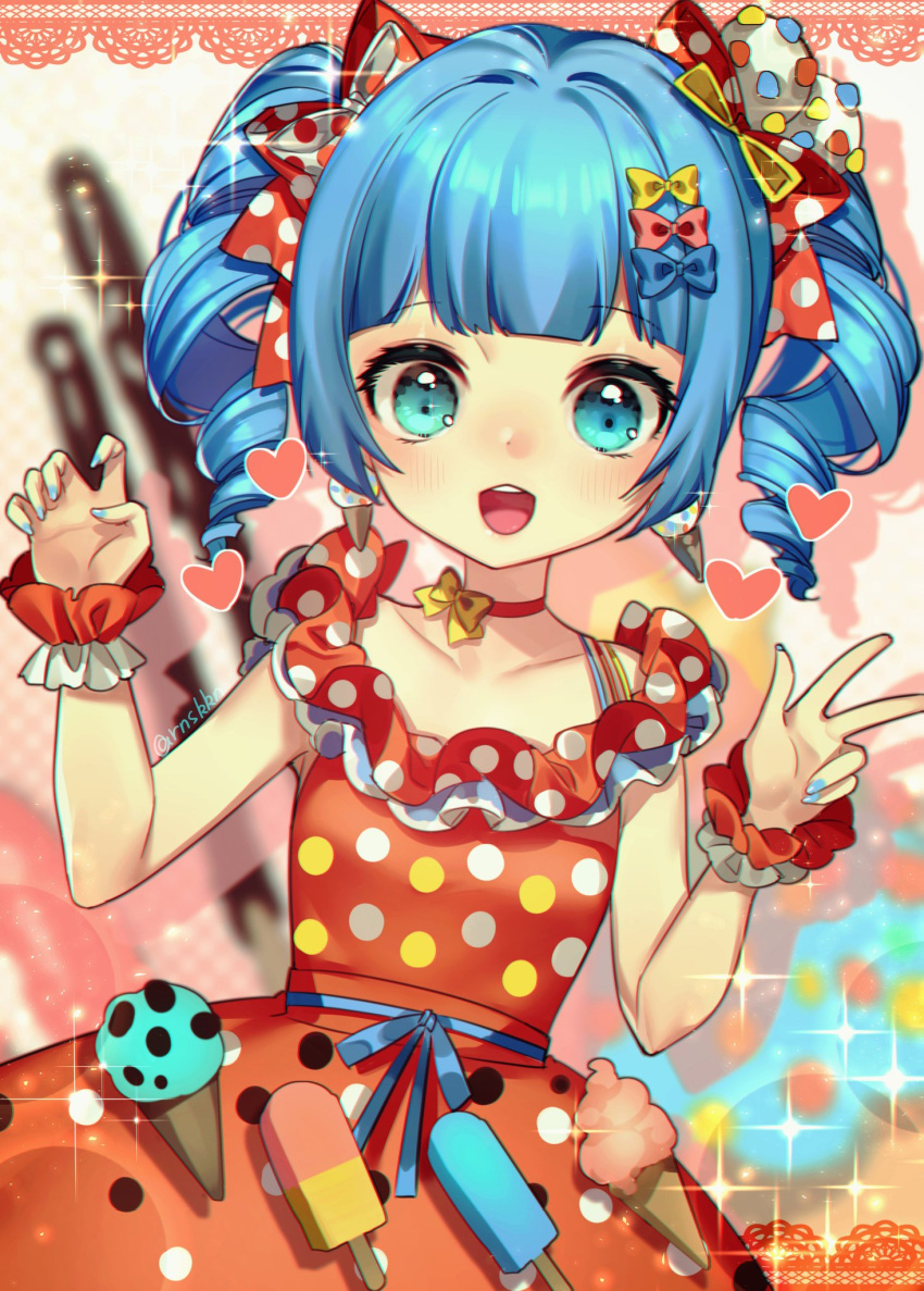 1girl, :d, bangs, berry_(shining_star), blue_eyes, blue_hair, blue_nails, blush, bow, breasts, choker, dress, drill_hair, earrings, food, hair_bow, hair_ornament, heart, highres, ice_cream, jewelry, looking_at_viewer, nail_polish, open_mouth, red_choker, red_dress, rnskkn, shining_star, small_breasts, smile, solo, twin_drills, w