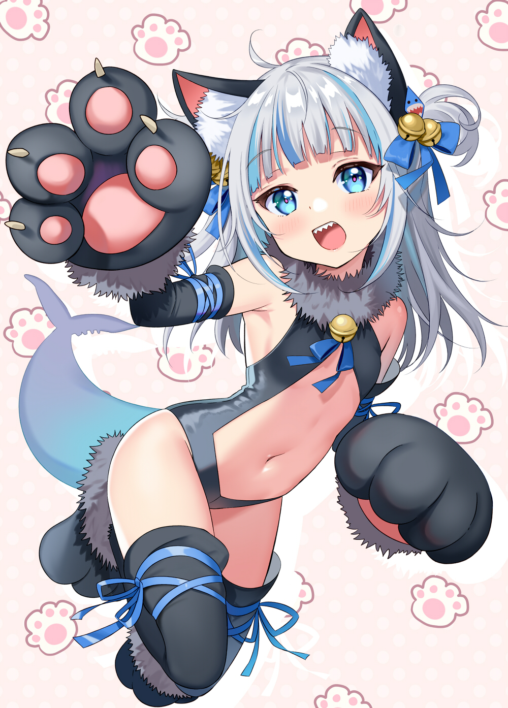 1girl, alternate_costume, animal_ears, animal_hands, armpit_crease, bangs, bare_shoulders, bell