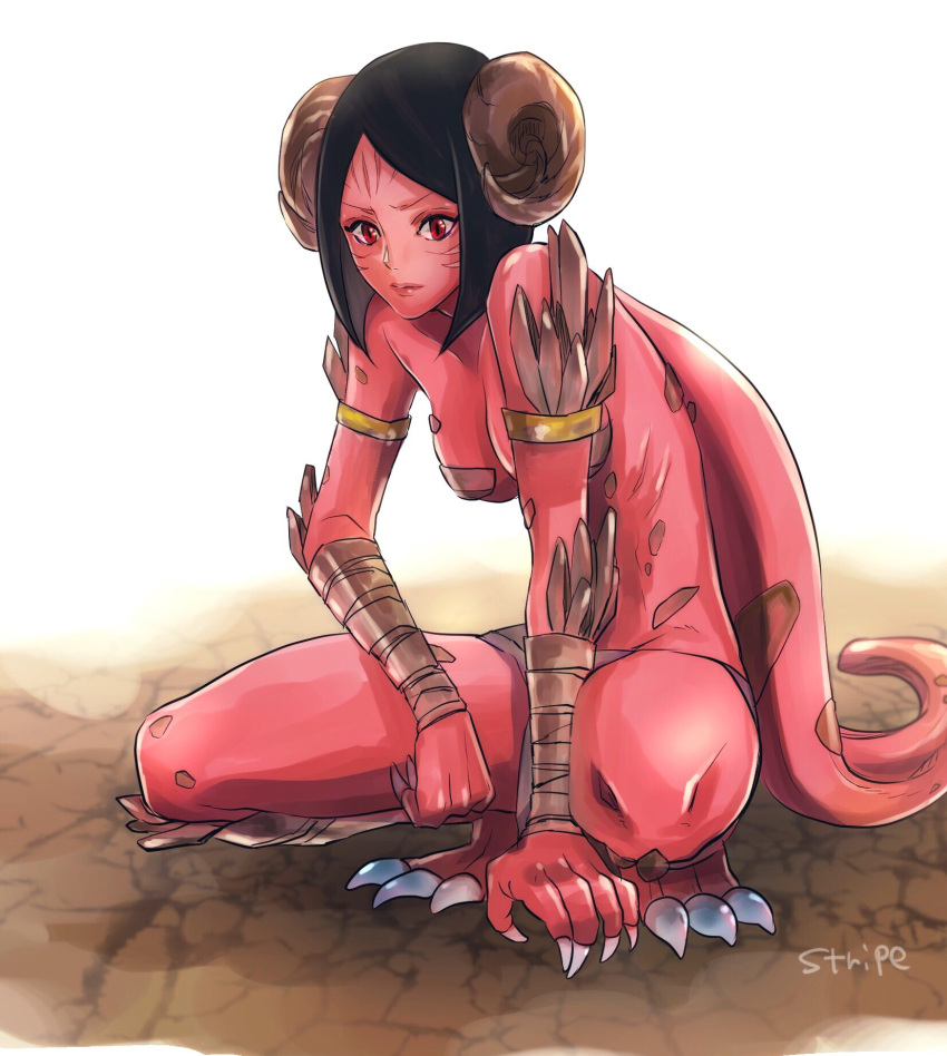 1girl, arc_the_lad, arc_the_lad_twilight_of_the_spirits, black_hair, breasts, claws, closed_mouth, colored_skin