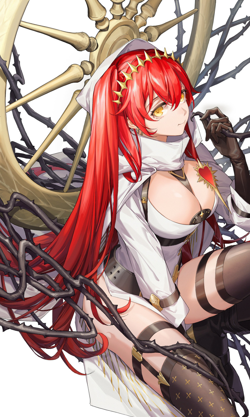 1girl, :t, absurdres, alchemy_stars, bangs, between_breasts, black_gloves, black_legwear, breasts, cleavage_cutout, cloak, closed_mouth, clothing_cutout, commentary, commentary_request, dress, earrings, garter_straps, gloves, headpiece, highres, hood, hooded_cloak, jewelry, large_breasts, long_hair, long_sleeves, looking_at_viewer, mizuya, pact_(alchemy_stars), pelvic_curtain, plant, redhead, simple_background, solo, strap_between_breasts, thigh-highs, thorns, very_long_hair, vines, wheel, white_background, white_cloak, white_dress, yellow_eyes
