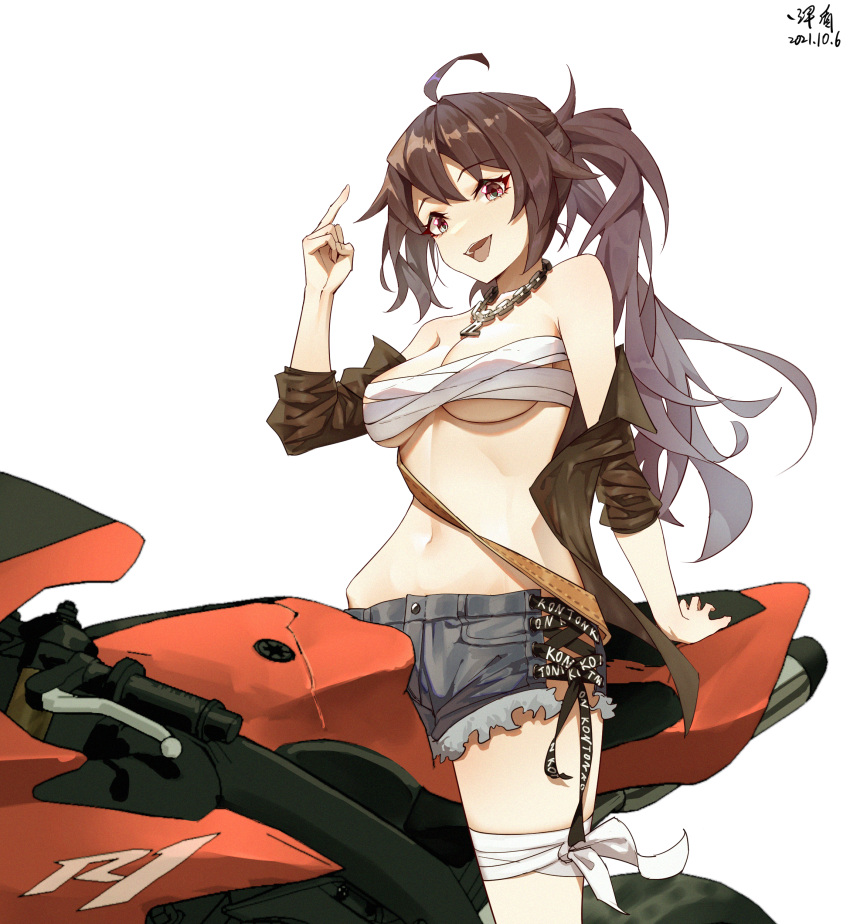 1girl, absurdres, ahoge, arm_up, bandaged_leg, bandages, bangs, breasts