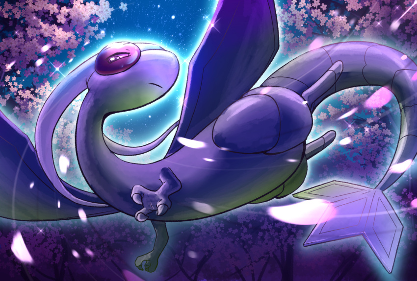 claws, closed_mouth, commentary_request, flygon, flying, from_below, frown, highres, looking_down, night, no_humans, outdoors, petals, pokemon, pokemon_(creature), sky, solo, star_(sky), tree, yamaori6
