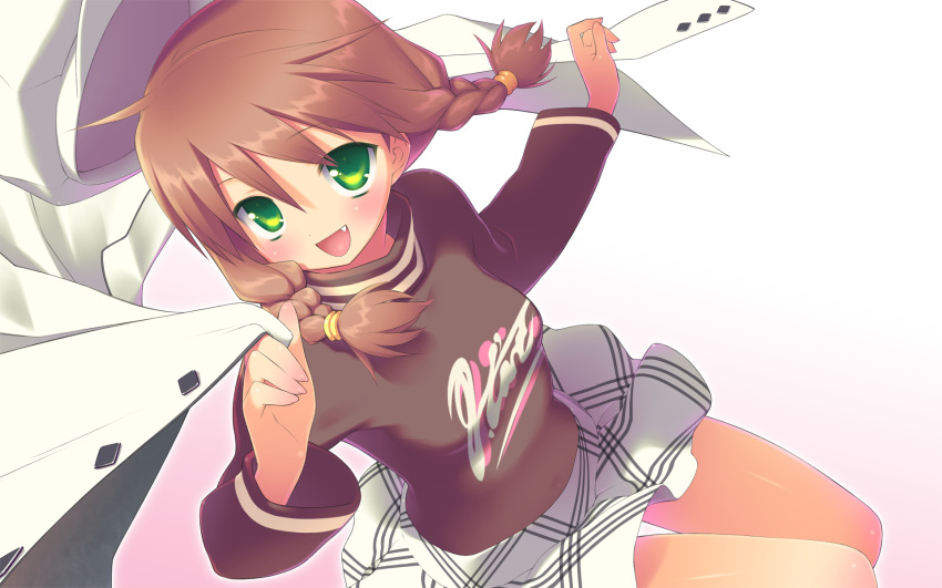 :d, blush, brown_hair, fang, garden, garden_(game), gayarou, green_eyes