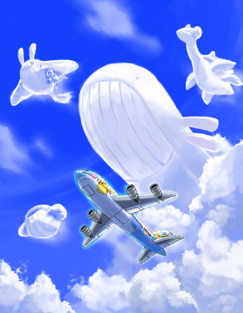 aircraft, airplane, character_print, clouds, commentary_request, d-nezumi, day, from_below