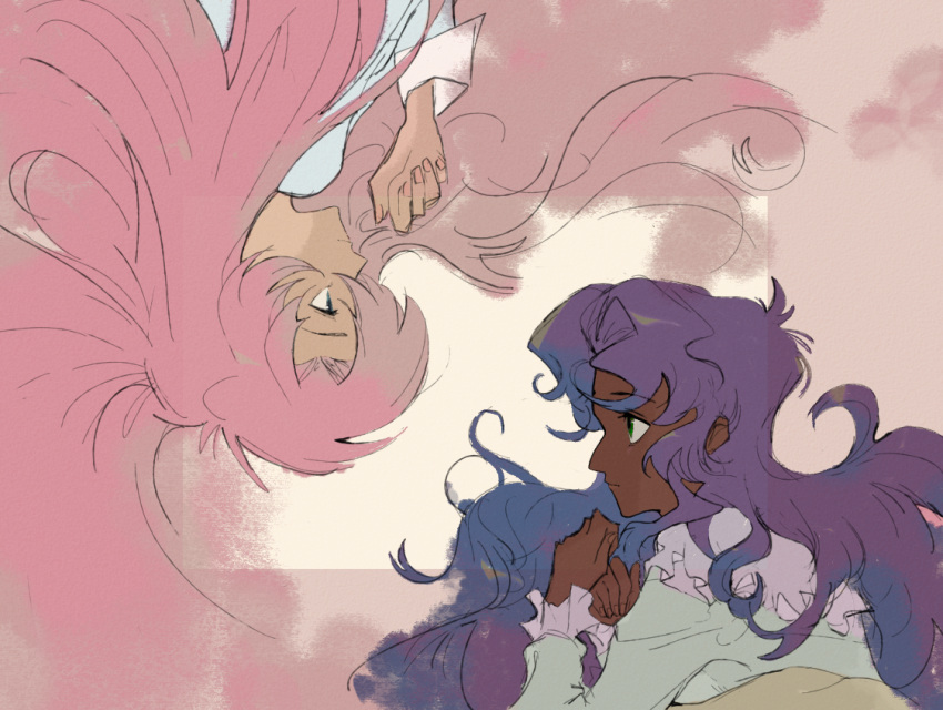 2girls, blue_eyes, dark-skinned_female, dark_skin, green_eyes, himemiya_anthy, long_hair, multiple_girls, pajamas, pink_hair, profile, purple_hair, ribitta, shoujo_kakumei_utena, tenjou_utena