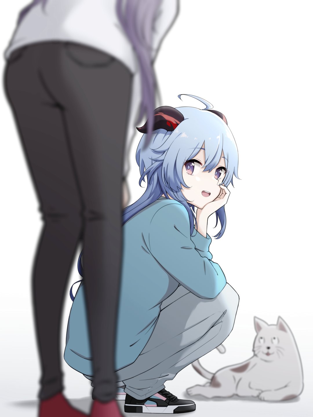 2girls, ahoge, bangs, black_pants, blurry, blurry_foreground, cat, curled_horns, eyebrows_visible_through_hair, ganyu_(genshin_impact), genshin_impact, goat_horns, hand_up, highres, horns, keqing_(genshin_impact), knees_up, long_hair, long_sleeves, looking_at_viewer, looking_to_the_side, matsumotossu, multiple_girls, open_mouth, pants, purple_hair, shoes, sidelocks, smile, sneakers, squatting, standing, sweater, white_background